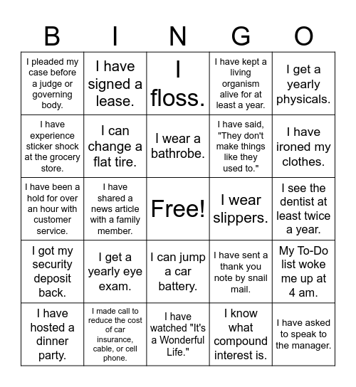 Adulting Bingo Card