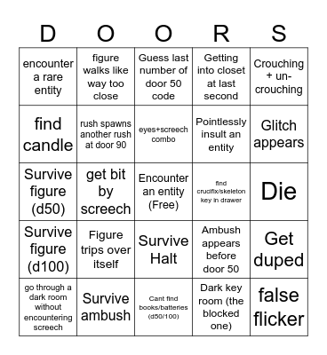 Roblox Doors Bingo Card