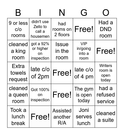 Housekeeping Week Bingo Card