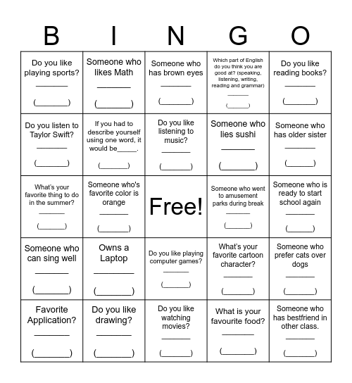 Getting-to-know-each-other Bingo Card