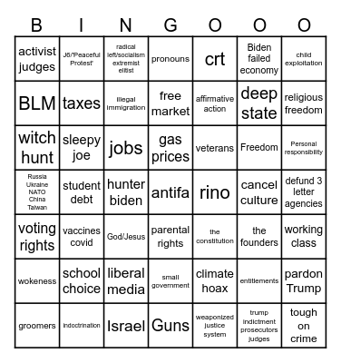 GOP Debate bingo Card