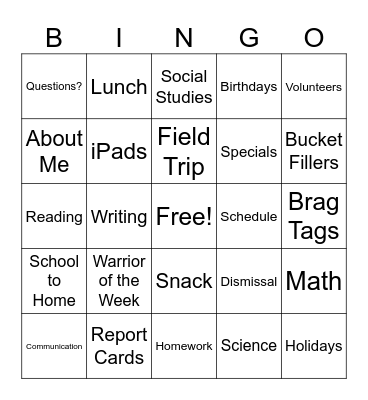 Meet the Teacher Night Bingo Card
