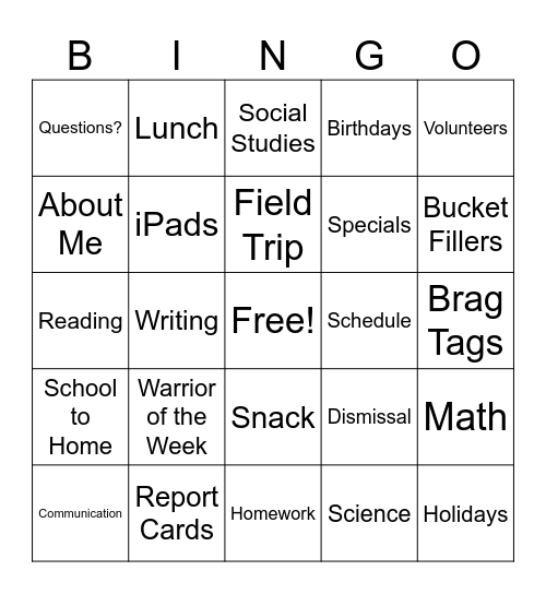 Meet the Teacher Night Bingo Card