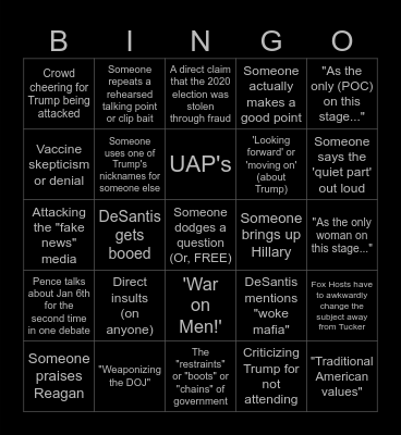 GOP Primary Debate Wisconsin 2023 Bingo Card