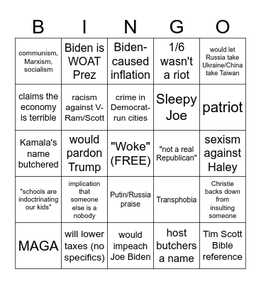 2023-24 Republican Debates BINGO Card