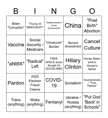 2023 GOP Debate Bingo Extravaganza! Bingo Card