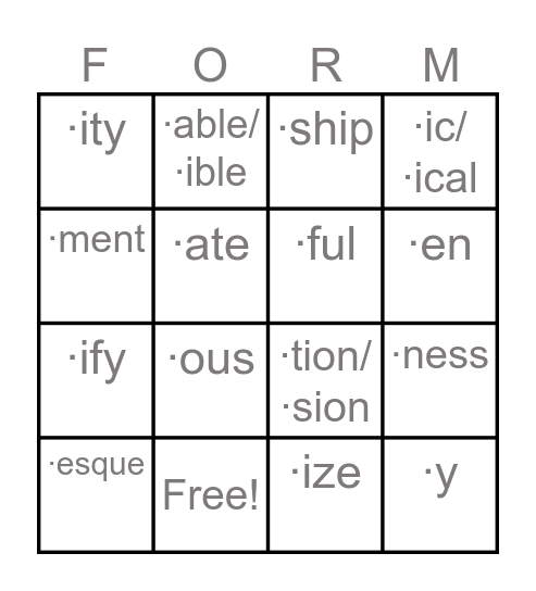WORD FORMS Bingo Card