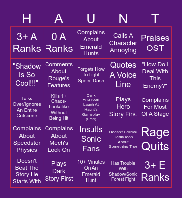 HauntLich's Sonic Adventure 2 Stream Bingo Card