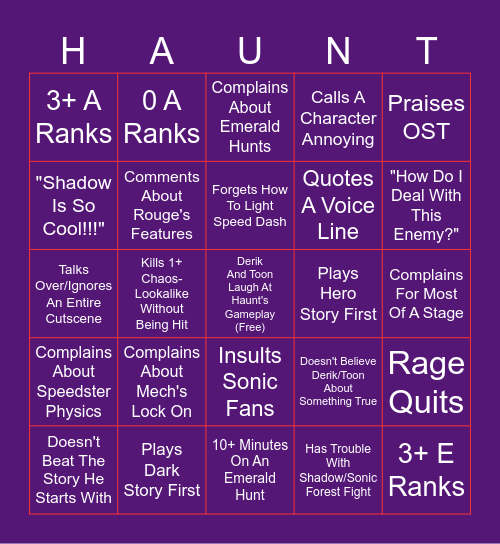 HauntLich's Sonic Adventure 2 Stream Bingo Card
