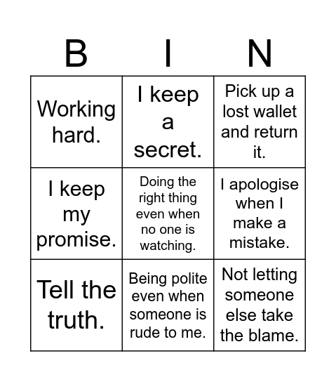 P1 Integrity Bingo Card