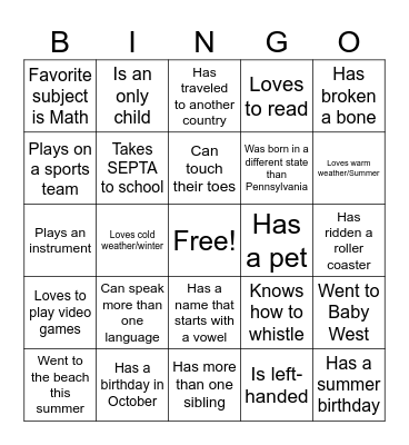 Get-To-Know-You Bingo! Bingo Card