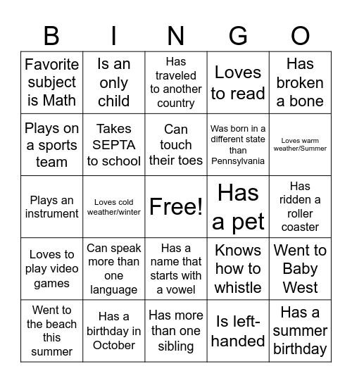 Get-To-Know-You Bingo! Bingo Card