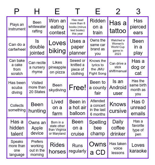 PHETE Bingo Card