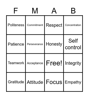 Family Martial Arts, Bingo Card