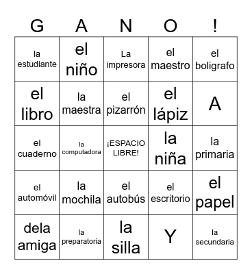 SPANISH 1 UNIT 1 VOCAB 1A Bingo Card