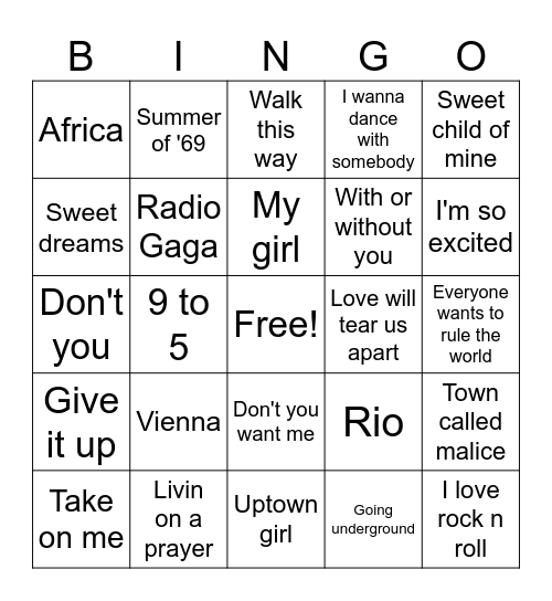 1980's music playlist Bingo Card