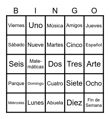 Los Días de la Semana Bingo Card