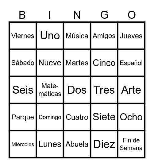 Los Días de la Semana Bingo Card