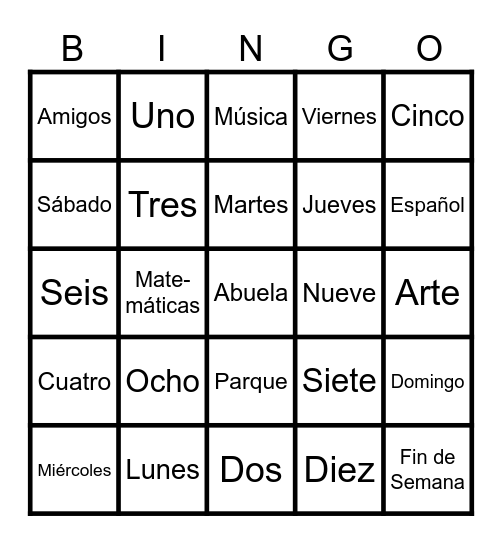 Los Días de la Semana Bingo Card