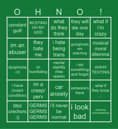 Anxious Thoughts Bingo Card