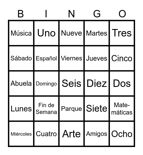 Los Días de la Semana Bingo Card