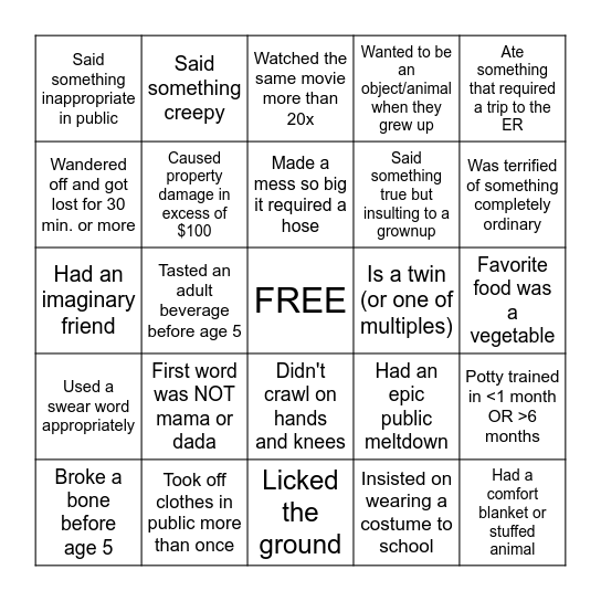 Toddler Bingo Card