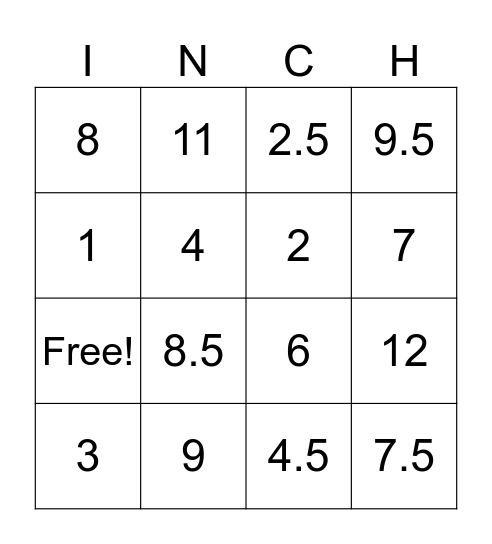 Inch Bingo Card