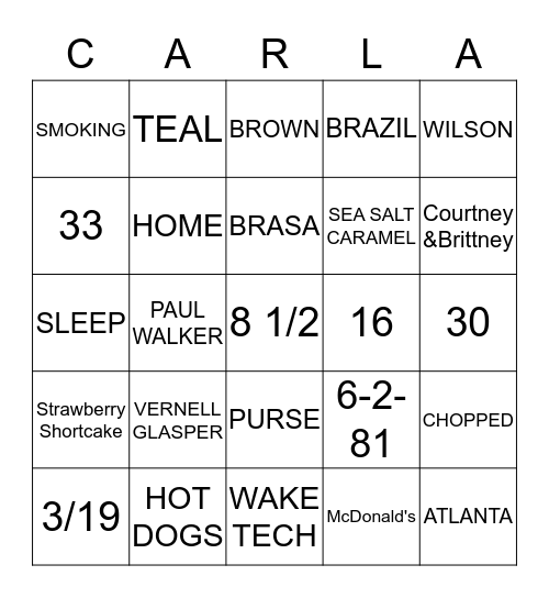 CARLA'S BRIDAL SHOWER Bingo Card