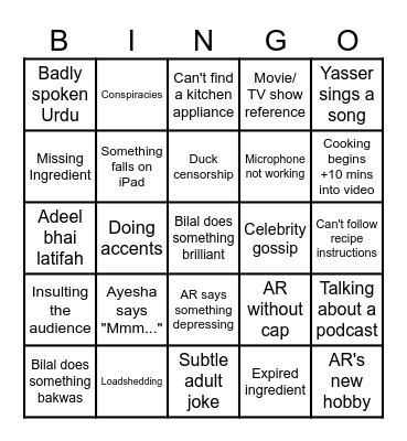 Cooking Chaos Bingo Card Bingo Card