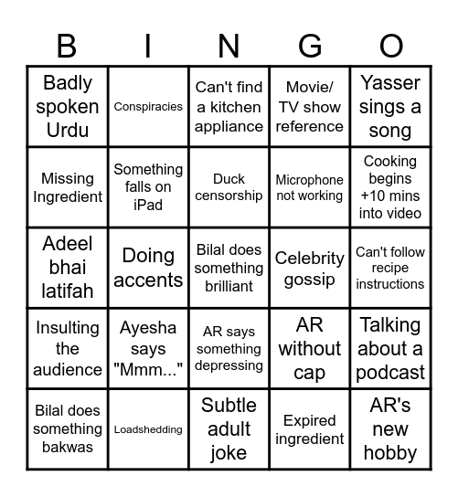 Cooking Chaos Bingo Card Bingo Card