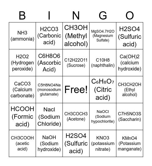 Bingo ชื่อสารประกอบในชีวิตประกอบวัน Bingo Card