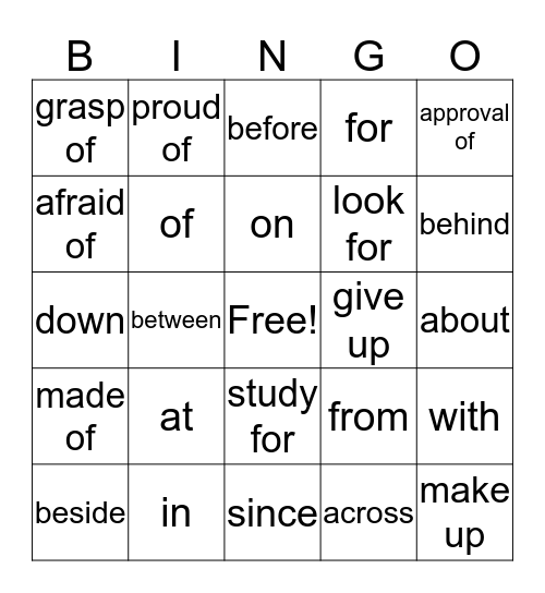 Prepositon Bingo Card