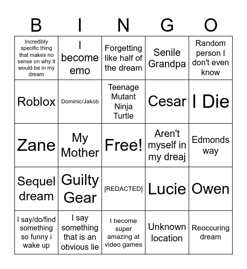 Silly dream bingo Card