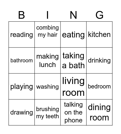 BE1-Unit 5- words (doing/ rooms) Bingo Card