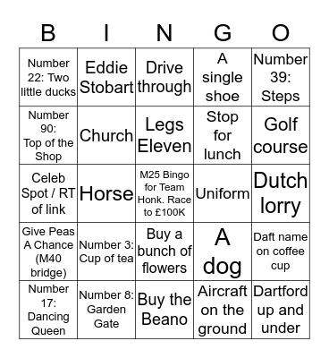 M25 Bingo for Sport Relief #PassTheProud Bingo Card