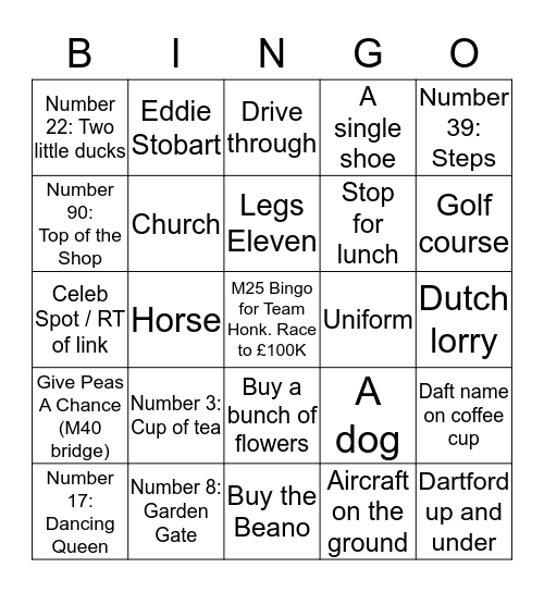 M25 Bingo for Sport Relief #PassTheProud Bingo Card