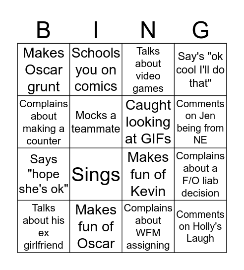 Alex's Complaint Bingo Card