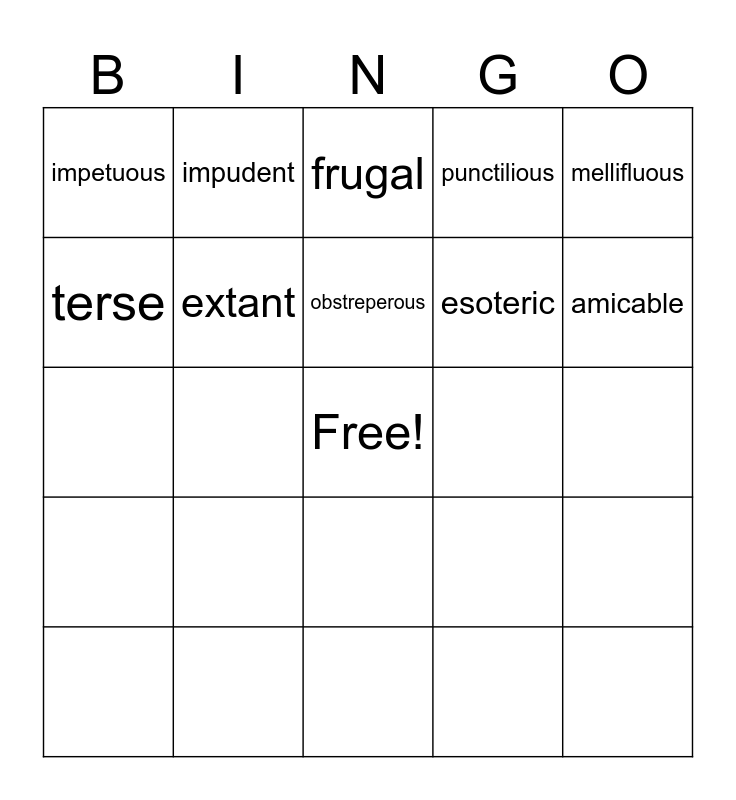 ACT Prep Set #1 Bingo Card