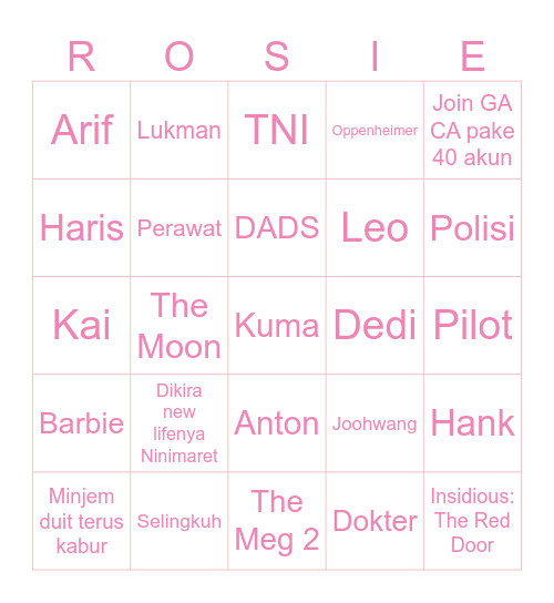 Rosie’s Bingo Card