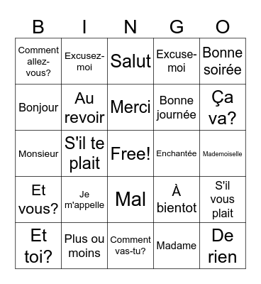 French Greetings and Expressions Bingo Card