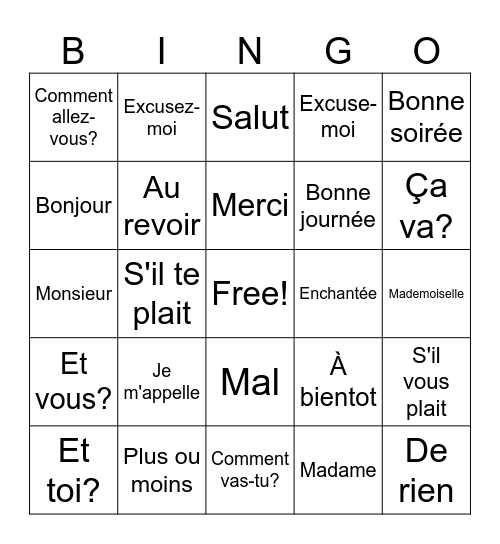 French Greetings and Expressions Bingo Card