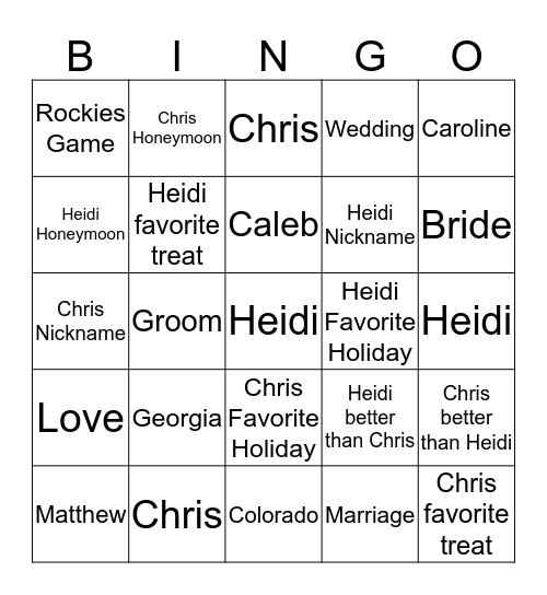 Heidi & Chris are getting married BINGO! Bingo Card