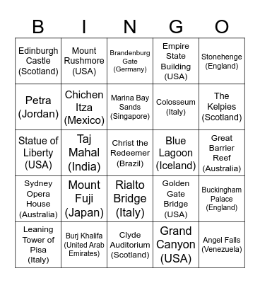 Landmark Bingo Card