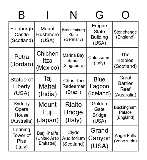 Landmark Bingo Card