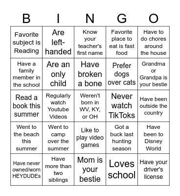 First Day of School Bingo Card