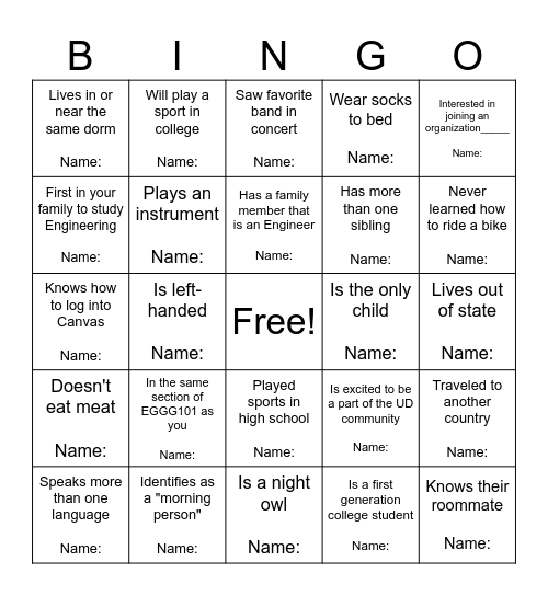 UD Chemical Engineering Bingo Card