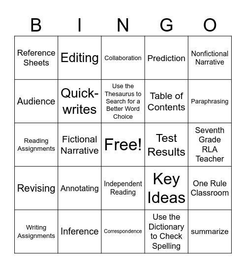 RLA 8th Grade Unit 1 Bingo Card