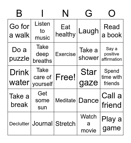 Stress Management BINGO Card