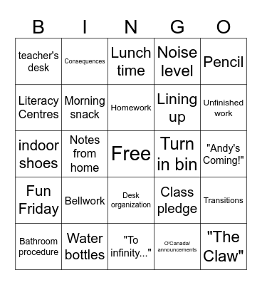Classroom Procedures Bingo Card