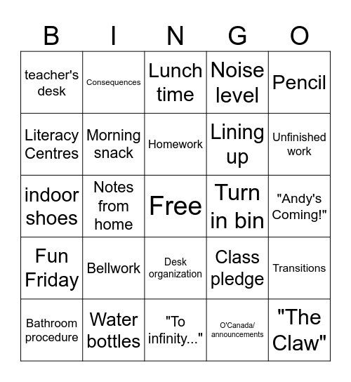 Classroom Procedures Bingo Card